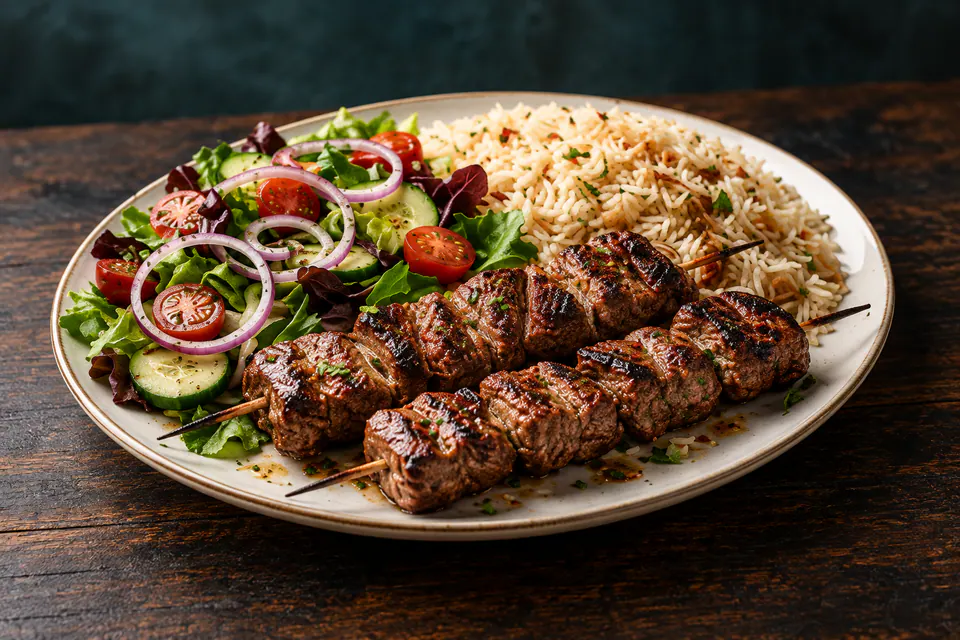 Rinderspieße mit Reis und Salat