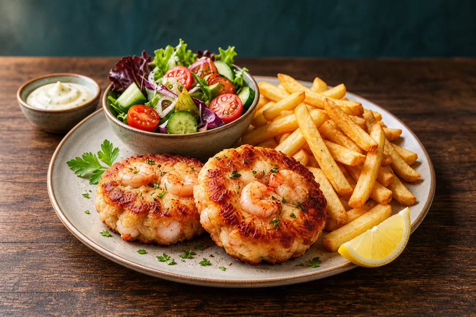 Shrimpsfrikadellen mit Pommes und Salat