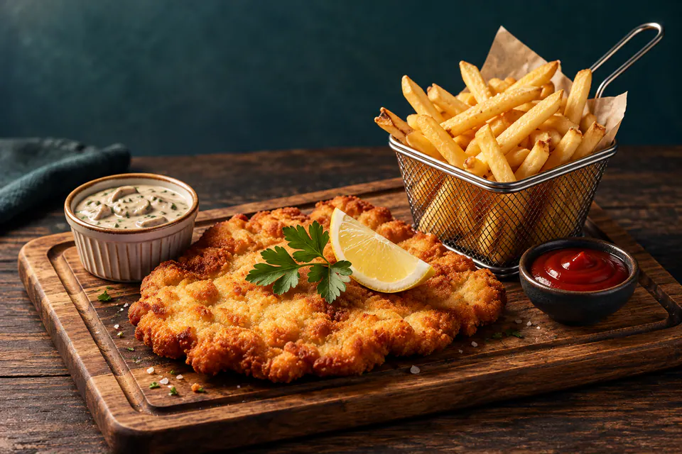 Hähnchenschnitzel mit Pommes
