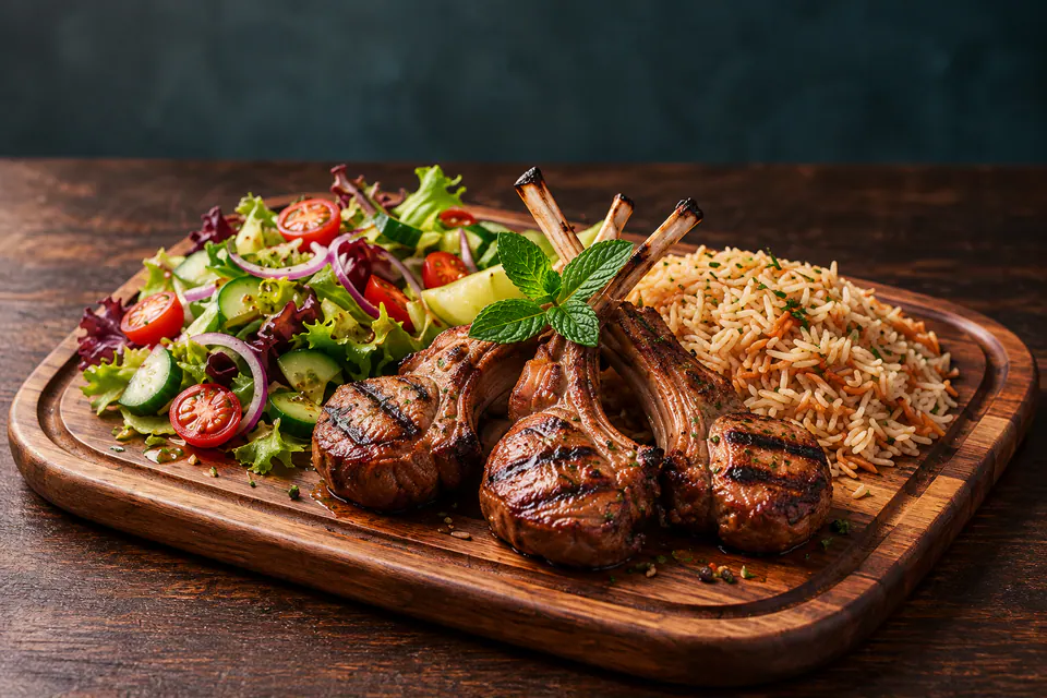 Gegrillte Lammrippen mit Reis und Salat
