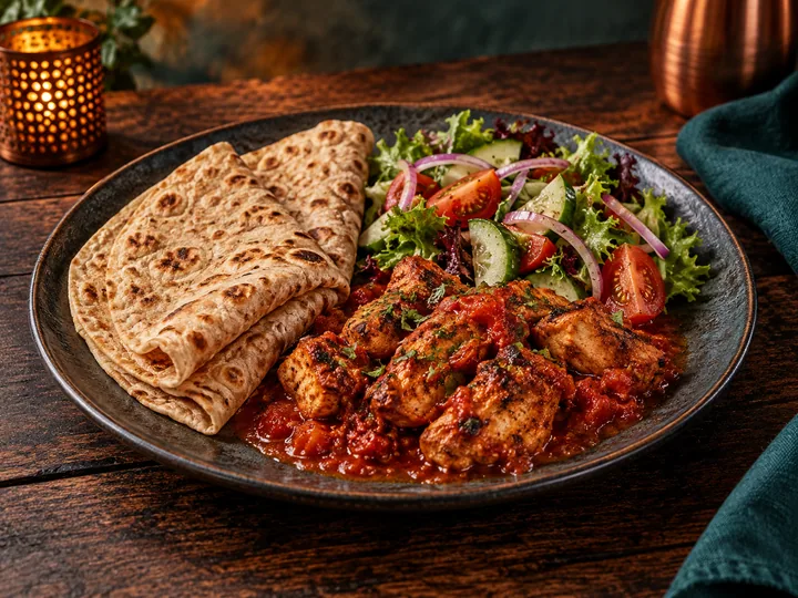 Chapati mit Tomatensoße, Hühnchen und Salat