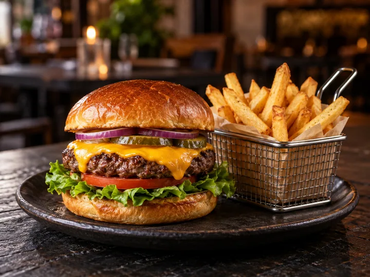 Cheeseburger mit Pommes