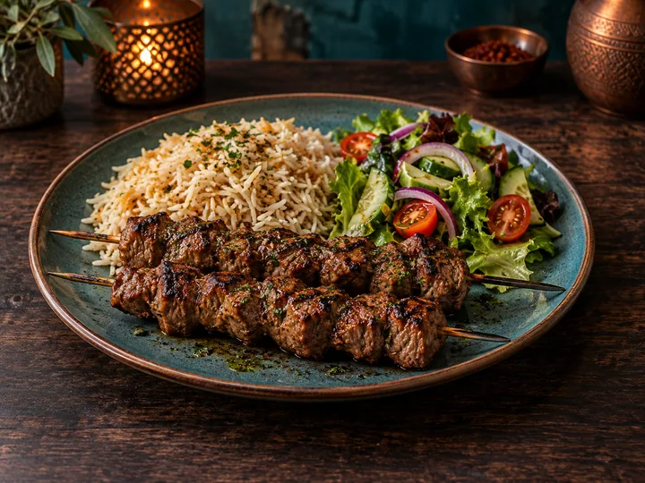 Lammspieße mit Reis und Salat